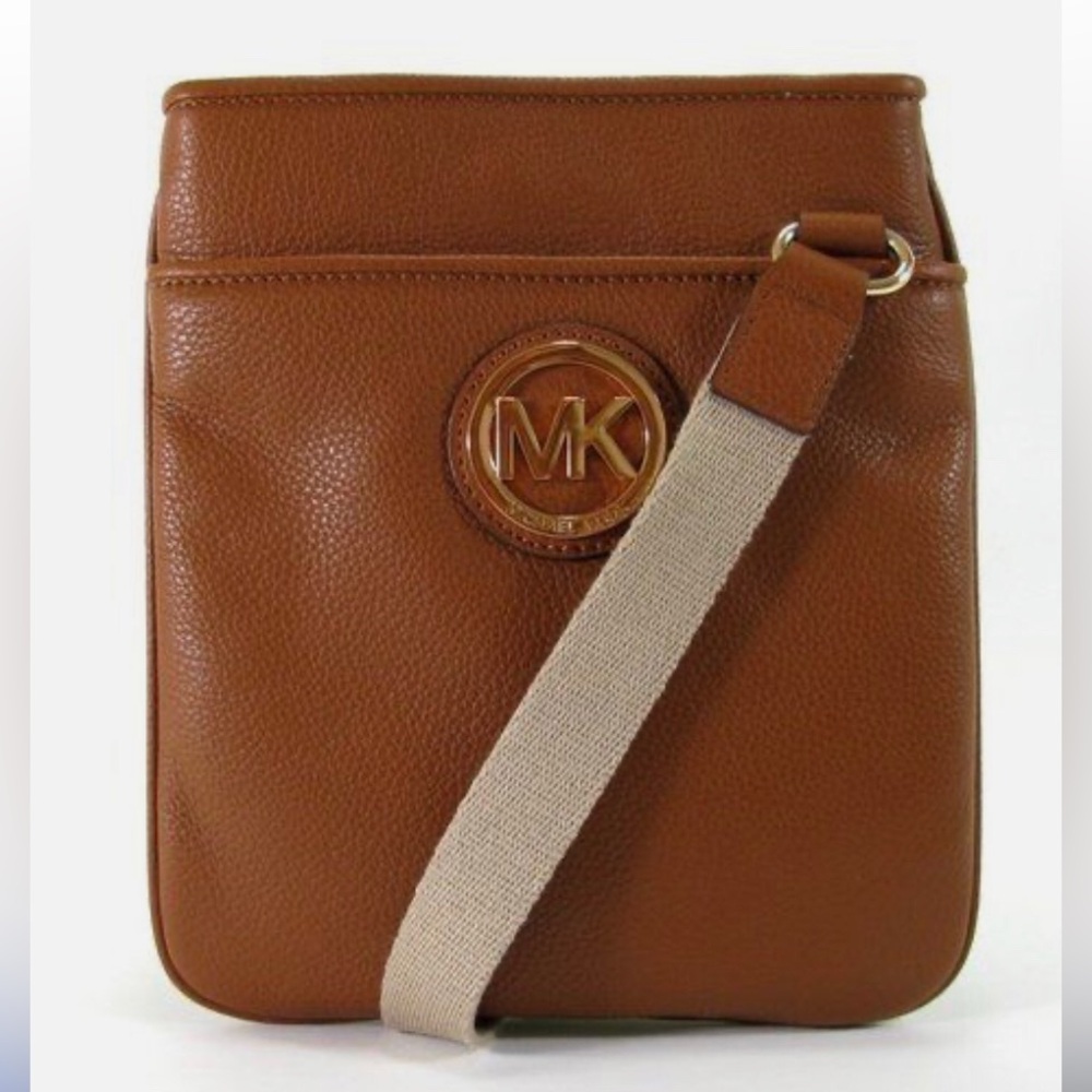 MICHAEL KORS FULTON ,BROWN,TAN LEATHER+GOLD TONE CROSS BODY  BAG EUC